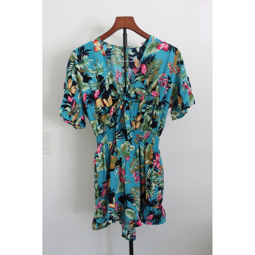 Peach Love California Women's Tropical Floral Romper Turquoise‎ Blue Medium